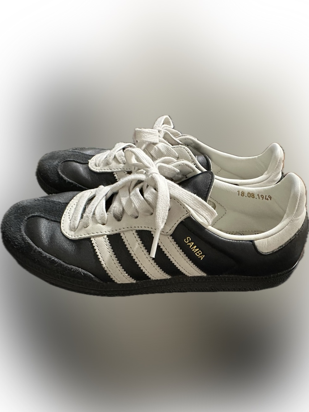 adidas Black and White Samba Sneakers with Gold Accent. 75th Anniversary Edition